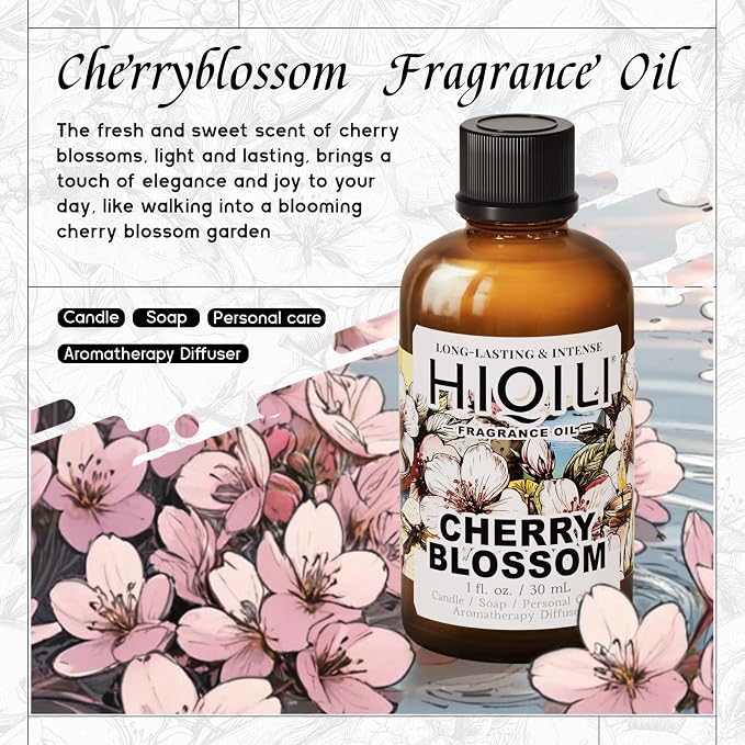 HIQILI Cherry Blossom Fragrance Oil, Floral Perfume Oil - 1 Fl Oz | Long-Lasting Scent for Candle & Soap Making, for Essential Oils Diffuser & Fresh Spray, DIY Skin Care and Body Product