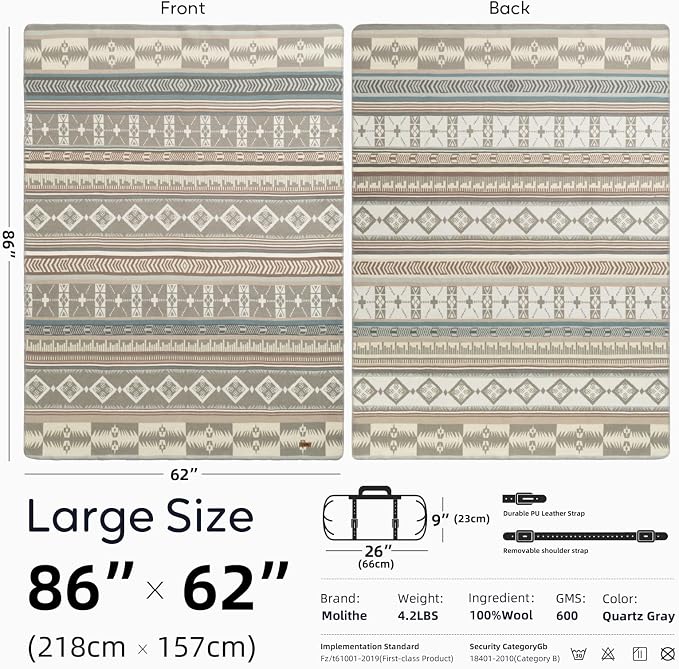 Molithe 100% Wool Blanket, 62" x 86", Warm, Thick, Washable, Military | Great for Camping, Outdoors, Sporting Events, Survival Kits Quartz Gray