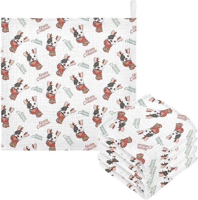 Baby Christmas French Bulldog Muslin Washcloths 3 Pack - Muslin Burp Cloths Hanky Large 11.8"X11.8" Extra Soft Absorbent Baby Burp Rags for Newborn 100% Cotton for Boys Girls Gift