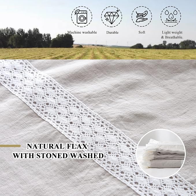 Simple&Opulence 100% Linen Duvet Cover Set (68''x86'') Frill Floral Flax Twin Size, Shabby Chic Ruffle Edge Lace Insert Decoration, 2 Pcs Farmhouse Bedding-1 Comforter Cover 1 Pillow Sham, Floral Grey