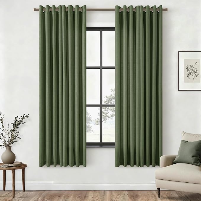 Olive Green Semi Sheer Curtains 63 Inch Length for Living Room 2 Panels Set Flax Linen Light Filtering Bronze Grommet Boho Farmhouse Modern Curtains 63 Inches Long 52x63 Moss Green for Dining Room