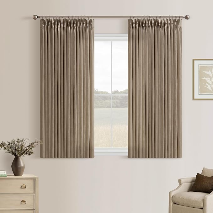 Short Pleated Linen Curtains 45 Inch Length 2 Panels Latte Rustic Country Light Filtering Back Tab Curtain for Kitchen Cafe Basement Light Brown Burlap Bay Window Drape with Hooks Rings W50xL45