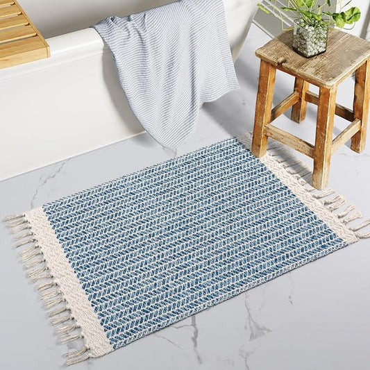 Lahome Belle Boho Bathroom Rugs, Small 2x3 Front Door Bath Mats Lightweight Entryway Rug Woven Cotton Area Rug with Tassels, Farmhouse Blue Throw Rug Washable Low Pile Carpet for Kitchen