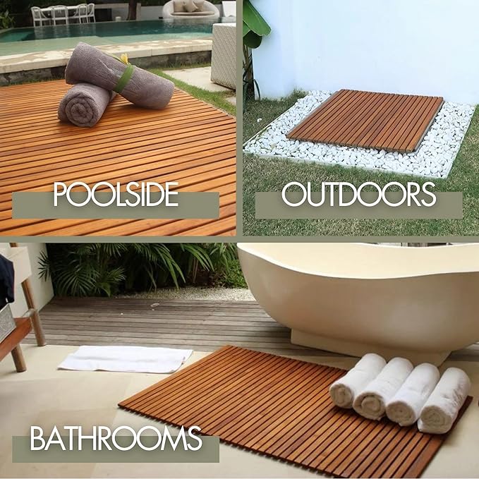 Nordic Teak 100% Solid Teak Wood String Mat - Indoor and Outdoor Use - Non-Slip Wooden Platform for Sauna, Pool, Hot Tub Flooring Decor and Protector (Natural Finish, 23.62" x 15.75")