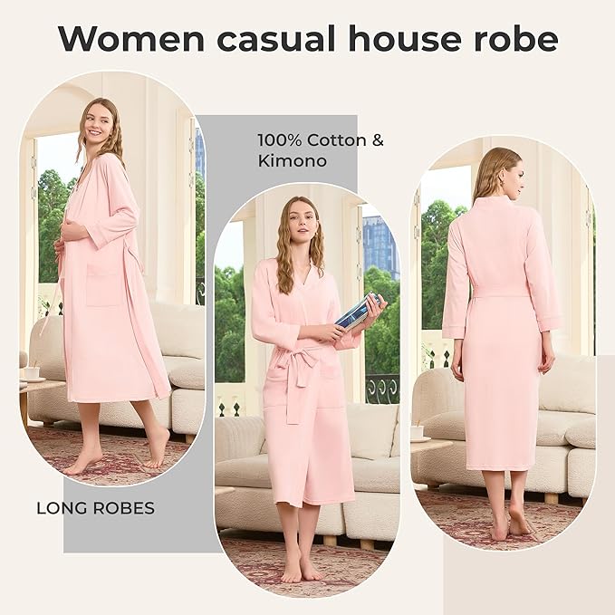 HEARTNICE Womens 100% Cotton Robe, Soft Kimono Spa Long Bathrobe Lightweight Loungewear