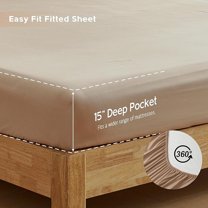 Simple&Opulence 100% Organic Cotton Sheet Set, Long Ruffle Bed Sheets (1 Flat Sheet, 1 Fitted Sheet and 2 Pillowcases) Elegant Shabby Chic Bedding Farmhouse Charming Vintage - Sand, Queen