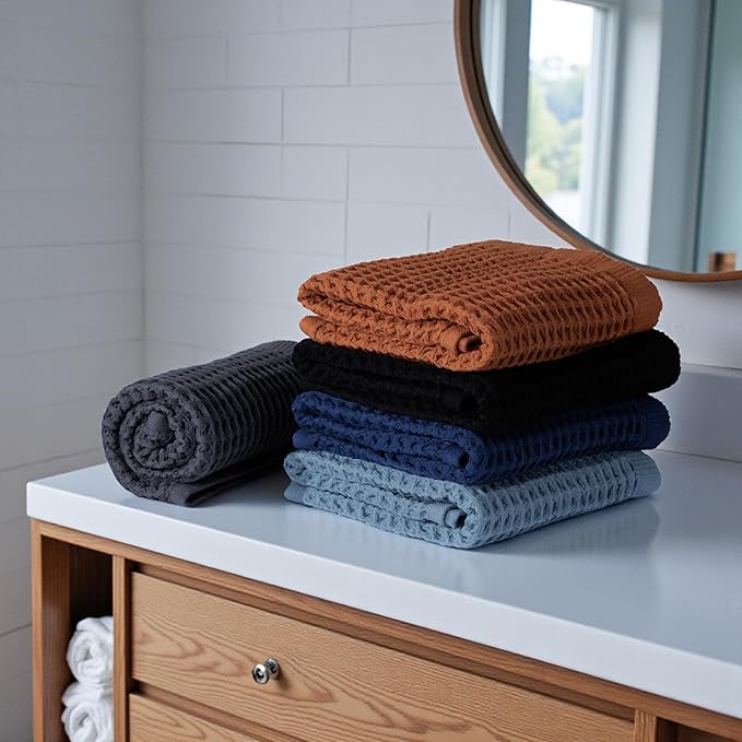 DEMMEX Organic Cotton Waffle Weave Turkish Towel Set for Bathroom, 1 Bath & 2 Large Hand Towels, 100% Oeko-TEX Certified Premium Turkish Cotton, Super Soft Lightweight Quick Dry (Navy Blue)