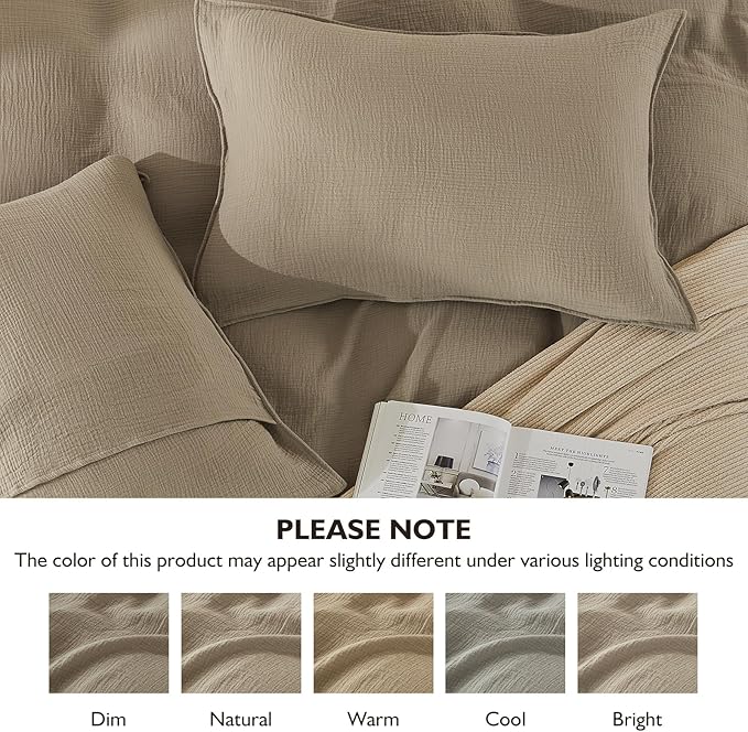 EMME Muslin Cotton Duvet Cover Set Khaki Queen Size Linen Like Soft Breathable Lightweight Summer Comforter Cover Set with Zipper Closure (Khaki, Queen, 90"x90")