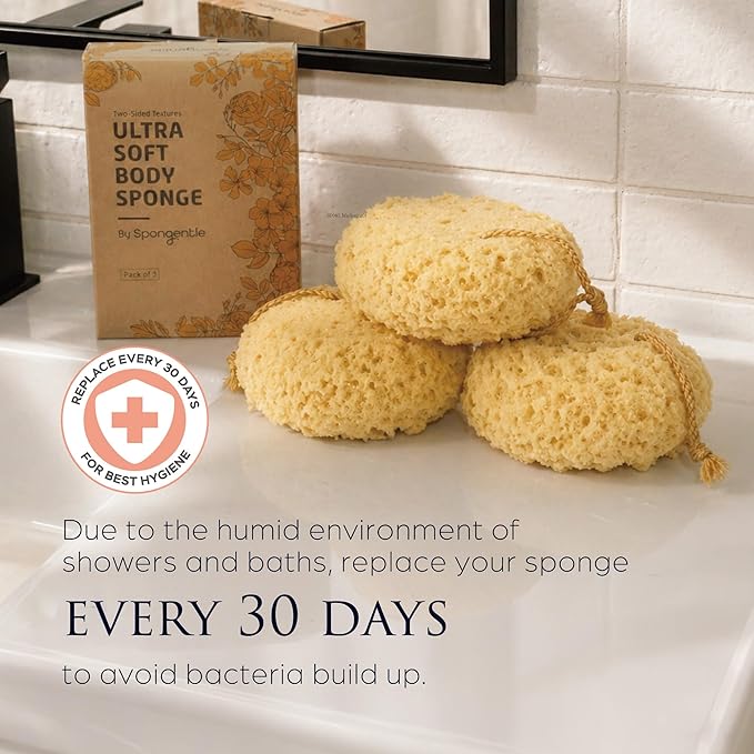 Spongentle Loofah Sponge for Shower and Bathing, Bath Sponge with Dual Texture, Shower Pouf for Gentle and Deep Exfoliation, Large Size Body Scrubber for Men & Women, PU Foam, 37% More Lather, 3 Pack