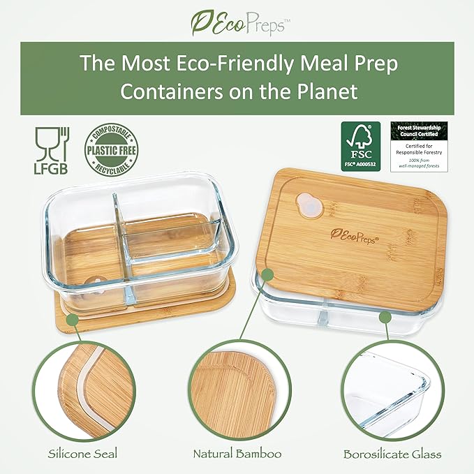 EcoPreps Large Glass Bento Box Containers with Bamboo Lids, 3 Compartment Glass Meal Prep Container Set (2 Pack, XL) - 100% Plastic Free, Eco-Friendly Lunch Containers, Bento Boxes for Adults