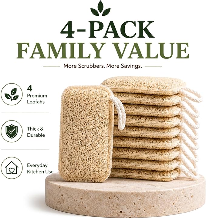Natural Loofah Dish Sponge (Pack 6) Multipurpose | Dish Vegetable Scrubber for Kitchen, 100% Biodegradable, Compostable, Dishwashing Scouring Pad, Zero Waste