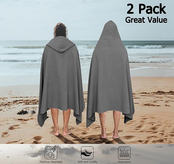 COTTON CRAFT Hooded Bath Towel – 2 Pack Oversized 35x70 Waffle Weave Towel with Hood for Adults - 100% Ringspun Cotton Pool Bath Sheet Wrap with Hood - Soft Super Absorbent Quick Dry – 450 GSM – Grey