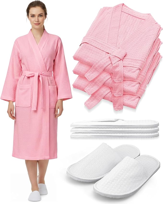 Jecery Waffle Bathrobe and Slippers Bulk Set Spa Robes Hotel Bath Lightweight Thin Commercial Soft for House Shower Party