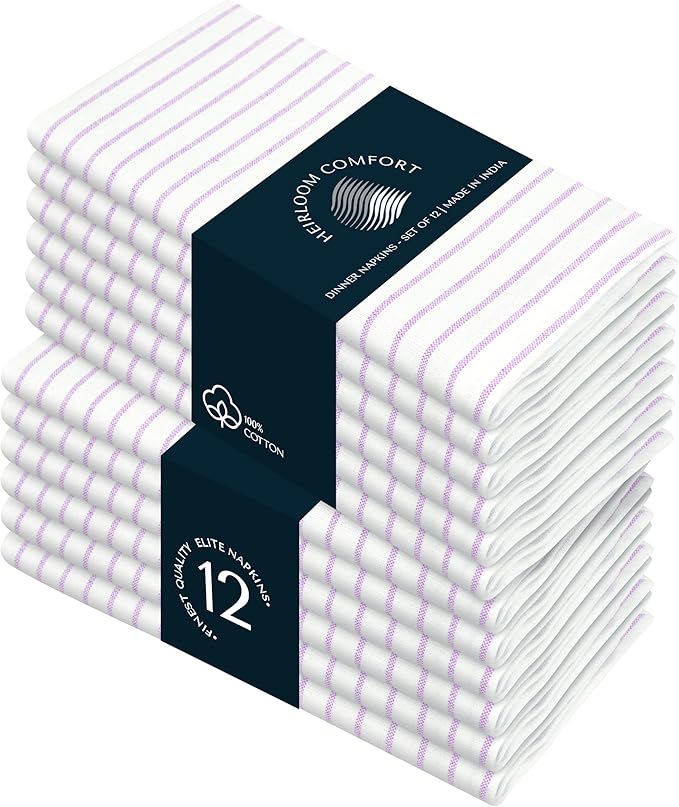 Lavender Stripe Cloth Napkins (Set of 12), Large 18 x 18 Inches, 100% Cotton, Machine Washable, Classic Striped Fabric Napkin for Luncheon, Cocktail, Celebrations, Everyday Use