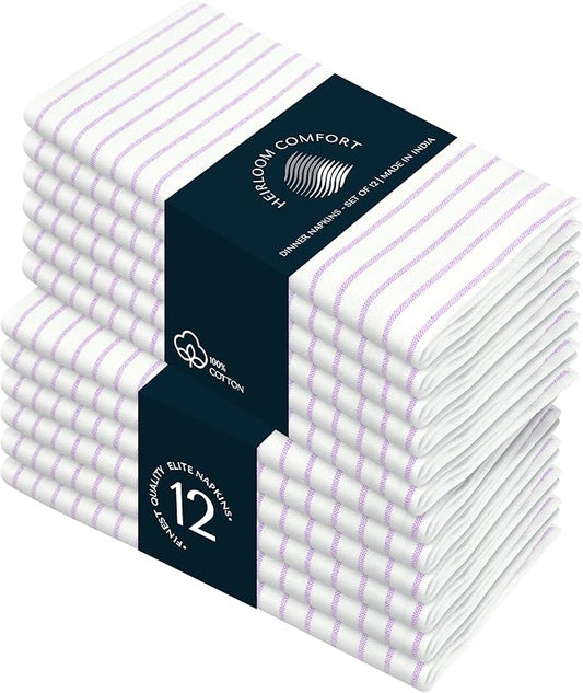 Lavender Stripe Cloth Napkins (Set of 12), Large 18 x 18 Inches, 100% Cotton, Machine Washable, Classic Striped Fabric Napkin for Luncheon, Cocktail, Celebrations, Everyday Use