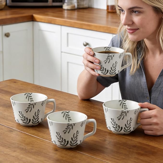 4 Pack Speckled Ceramic Coffee Mugs, 12oz Vintage Green Fern Leaf Large Tea Cups, Rustic Handmade Style Drinking Mugs for Coffee Tea Cocoa Milk, Dishwasher Microwave Safe, Housewarming Gift Set