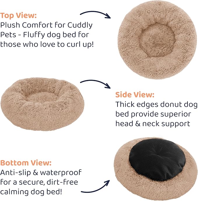 Donut Dog Bed - Premium Comfort for Anxiety Relief - Fluffy & Calming Design with Ultra-Plush Support | Cozy Round Dog Bed with Super Soft Circle Style (Camel, Small)