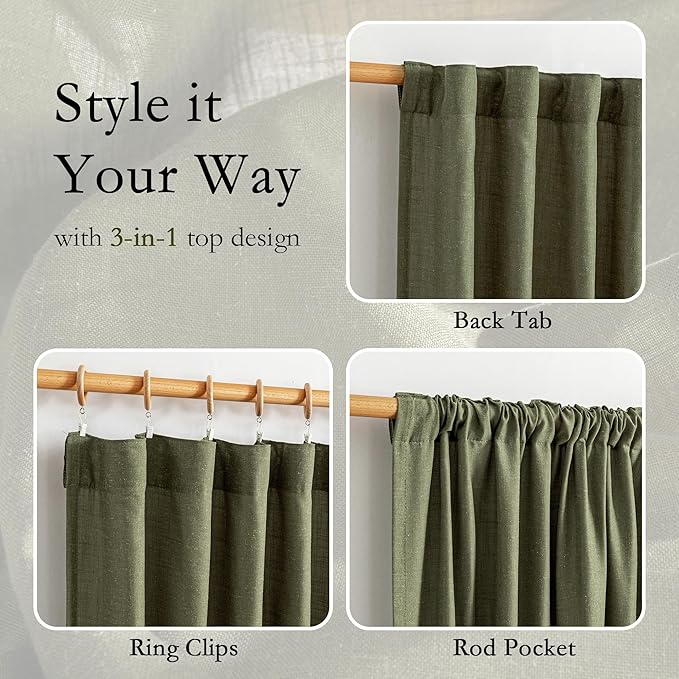 MYSKY HOME Extra Long Sheer Curtains Farmhouse, Sliding Door Curtain for Living Room Light Filtering Privacy Protect Soft Linen Blend Back Tab Window Drapes, 50" x 108", Olive Green, 2 Panels