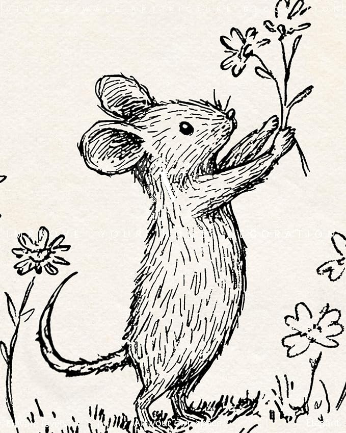 Vodefoad Woodland Mouse Sketch Art Print Vintage Wall Art Decor Neutral Nursery Toddler Room Picture Decor Mouse Sketch Farmhouse Style Wall Decor for Gallery Nursery Bedroom Bathroom Office - 8x10Inch Unframe