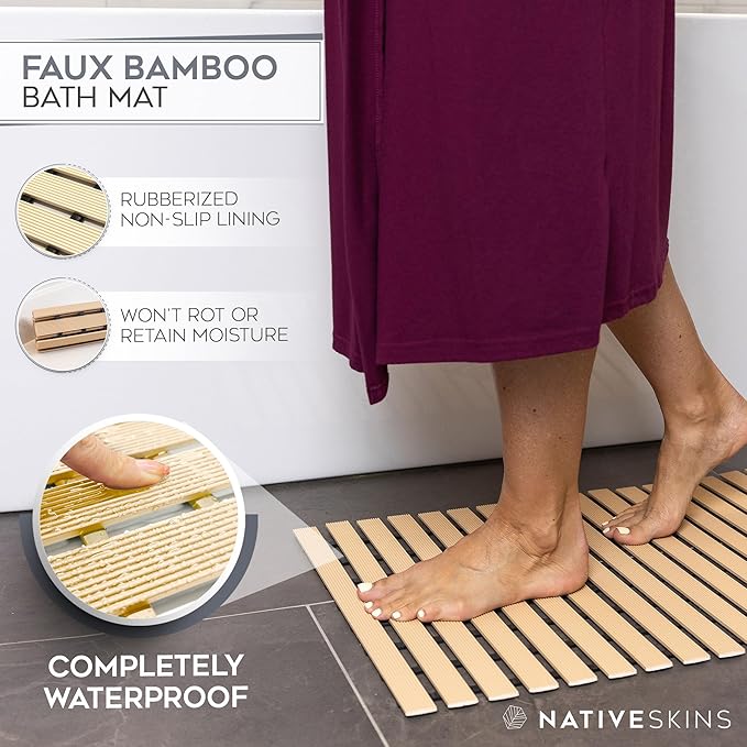 NativeSkins Faux Bamboo Shower Mat (Beige), Non-Slip Safety Lining, Waterproof, Quick-Drying, Eco-Style Slatted Bath Mat for Spa, Sauna - Large 16.9 x 30.7 in