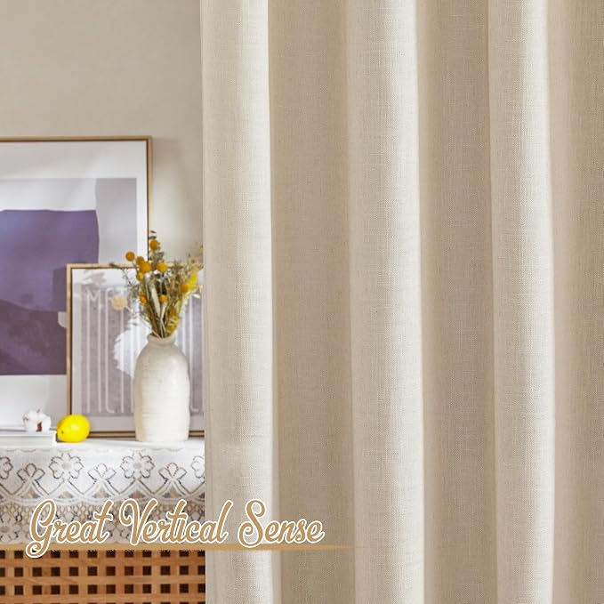 NICETOWN Natural Linen Beige Curtains for Bedroom, Rod Pocket & Back Tab Flax Linen Burlap Semi Sheer with Light Filtering Privacy Window Treatments for Living Room, W52 x L95, 2 Pieces