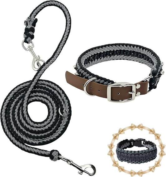 Paracord Dog Collar, Adjustable Soft Nylon Pet Collars for Medium Large Dogs(19"-23"), Stylish Pet Gear for Boys, L(Set of 1, Black Skull Collar+Leash)