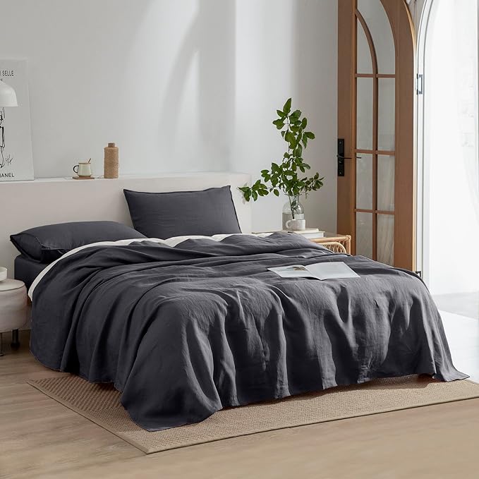 EVERLY Linen Sheets Set King Size,100% French Stonewash Pure Linen Bed Sheets,4Pieces (1Flat Sheet,1Fitted Sheet,2Pillowcase) Suitable for Hot Sleepers,Deep Pocket Natural Bedding Set-Dark Grey