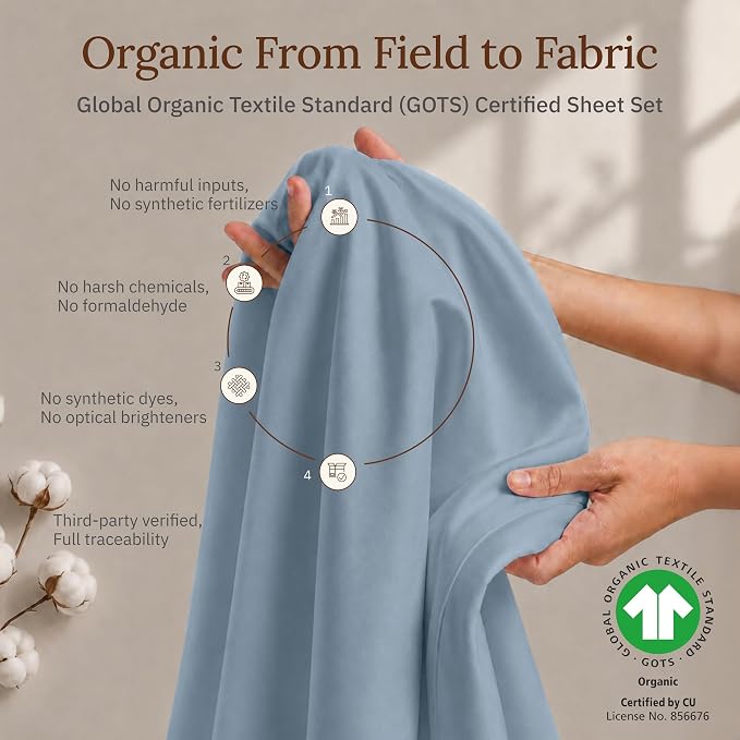 California Design Den Queen Size Sheets Set - 100% Organic Cotton, Soft and Lightweight Sateen, Deep Pocket Queen Bed Sheet Set, Durable Bedding - Pastel Blue