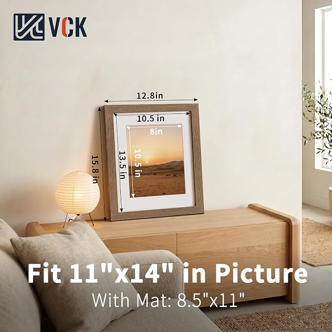 VCK 11x14 Picture Frames Walnut 3 Pack, Wide Border Wood, Tempered Glass, Display 8.5x11 Poster Photo with Mat or 11 x 14 Without, for Home, Office, Gallery, Woodgrain Series, Wall Hanging