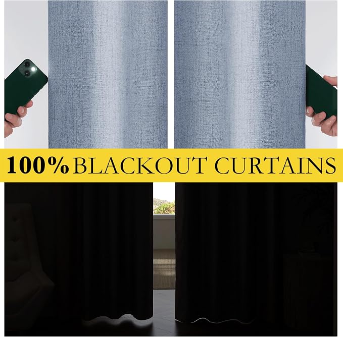 NICETOWN 100% Blackout Curtains for Kitchen with Grey Liner, Rod Pocket & Back Tab Thermal Insulated Flax Textured Full Light Blocking Window Draperies for Nursery(Stone Blue, 2 Panels, 42" W x 63" L)