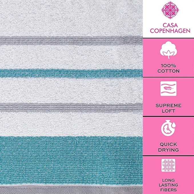 CASA COPENHAGEN White Bay 2Pcs 100% Egyptian Cotton Large Designer Bathsheet Towels Gift Set- Grey - Teal, 600GSM, 35"x70" 2Bath Sheet Towels for Bathroom (Gift Set for Women & Men)