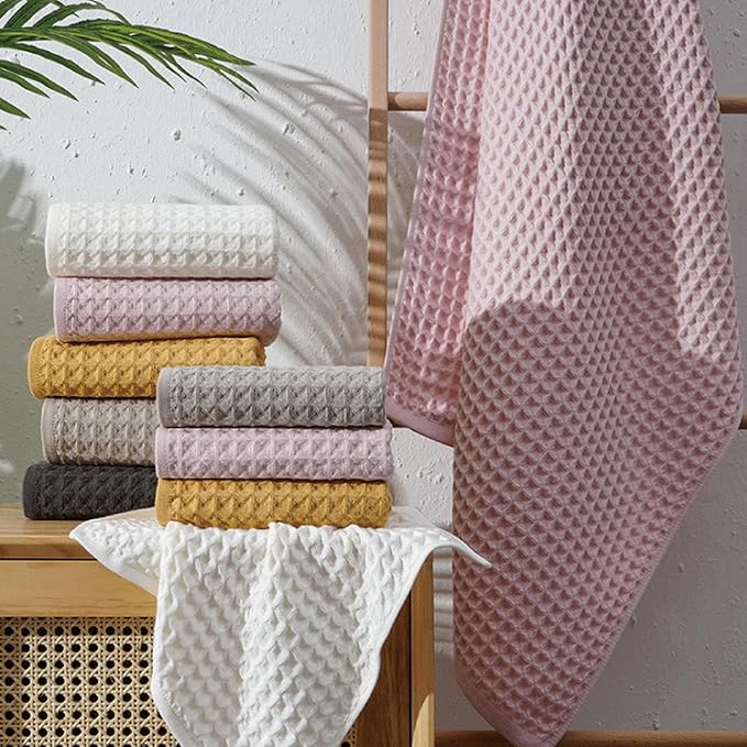 SK Studio 6 Piece Bath Towel Set, Cotton Hotel Large Waffle Towels Absorbent Quick Dry - 2 Bath, 2 Hand, 2 Washcloths for Spa Pink Bathroom