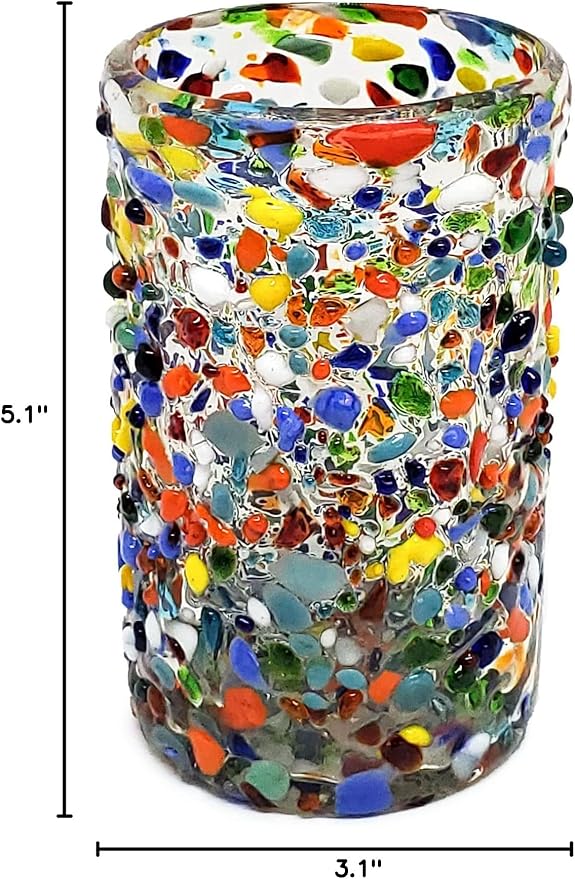 Confetti Rocks 14 oz Drinking Glasses (set of 6) Mexican Handmade Multicolor Glassware, Recycled Glass, Lead-free, Toxin-Free (Drinking)