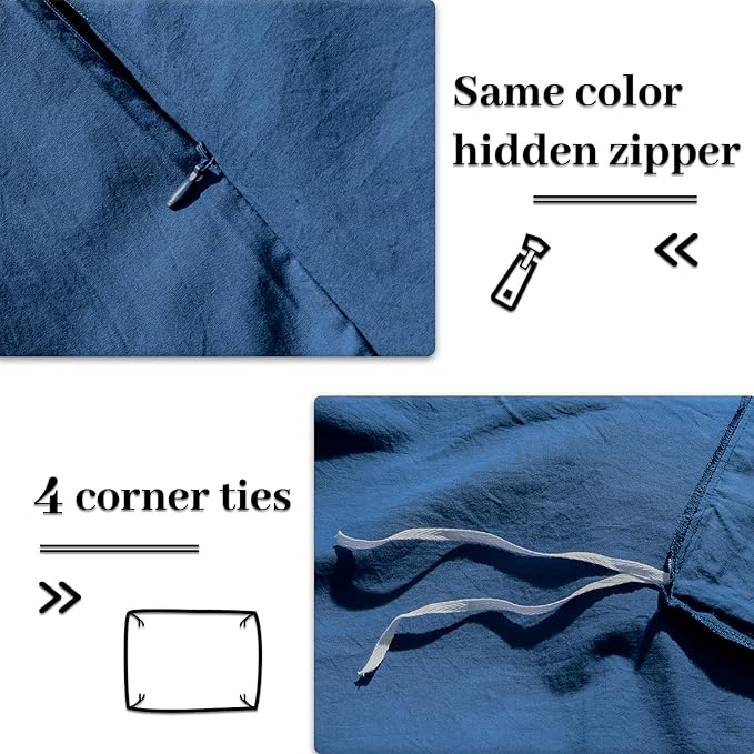 NEXHOME PRO Duvet Cover Set 100% Washed Cotton Oversized Queen 98"x98", Organic Natural Linen Look Textured 3 Pieces Bedding Set Royal Navy Klein Blue with Zipper Closure, Soft (No Comforter)