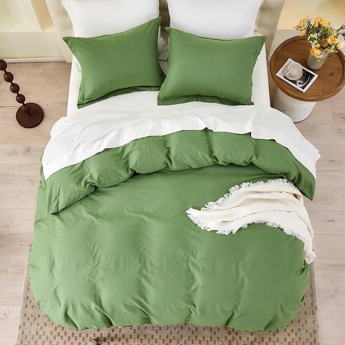 Simple&Opulence French Linen Duvet Cover Set- 104"x 92" - 3 Pieces (1 Comforter Cover,2 Pillowcases)-Natural Flax Cotton Blend-Solid Color Breathable Farmhouse Bedding - Khaki Green, King