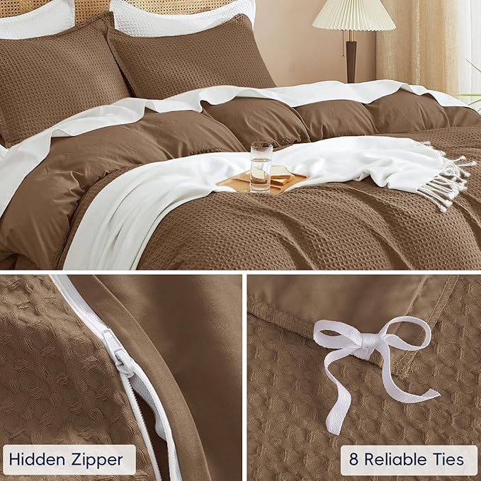PHF Waffle Duvet Cover Set California King, No Snagging Soft Luxury Textured Breathable Comforter Cover for All Season 3pcs, Durable Bedding Duvet Set with 2 Pillow Shams, 104"x98", Mocha