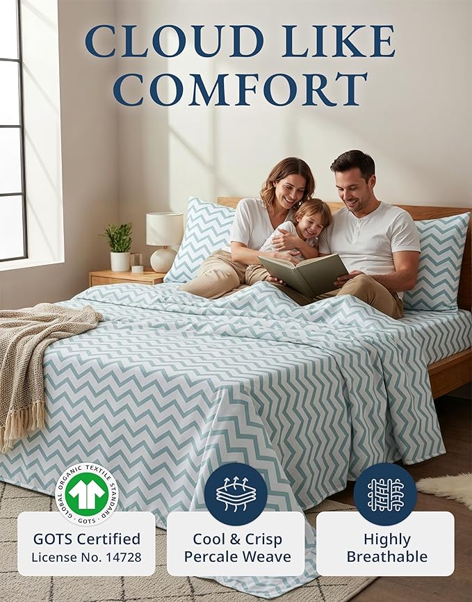 LANE LINEN 100% Organic Cotton Twin Size Bed Sheets, Fully Elasticized Mercerised Cotton Naturally Cooling Twin Bed Sheets Machine wash Ecor Friendly Prined Deep Pocket Sheets -Chevron