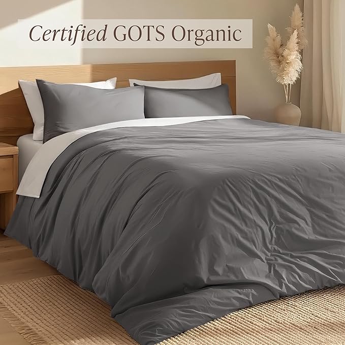 Bare Home 100% Organic Cotton Full Duvet Cover Set - Crisp Percale Weave - Lightweight & Breathable - Cooling Duvet Cover Set (Full, Grey)