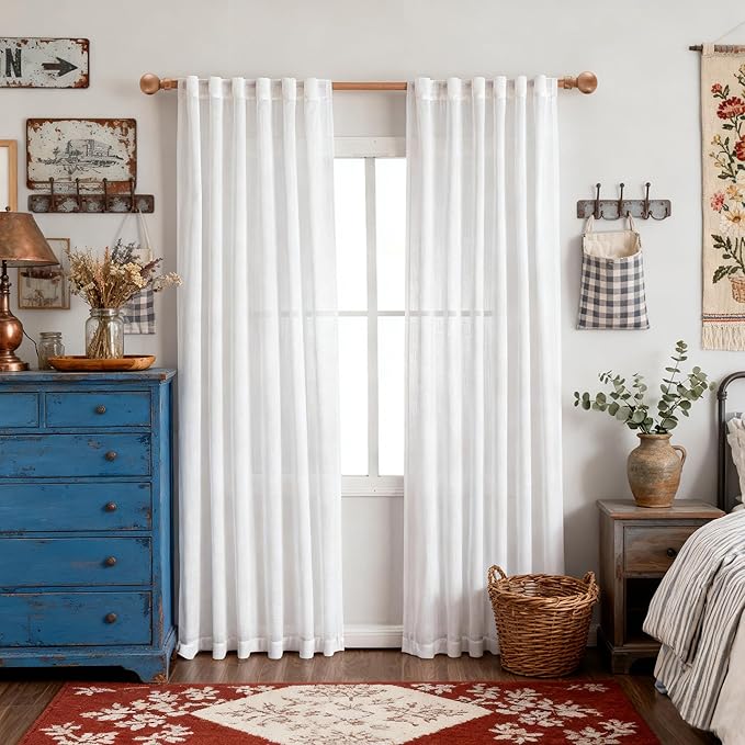 MYSKY HOME French Door Curtains for Closet Doorways, 72 Inches Long White Semi Sheer Drapes Light Filtering Curtain Panels Elegant Look for Classroom/Guestroom Windows, 50" x 72", White, 2 PCs