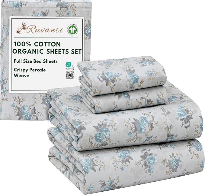 RUVANTI 100% Cotton Organic Percale Sheets Full Size – Crisp Cooling Bed Sheets for Hot Sleepers, Deep Pocket 15”, Soft Peach Finish, Breathable & Durable Hotel-Style 4 Pcs, Blue Rose