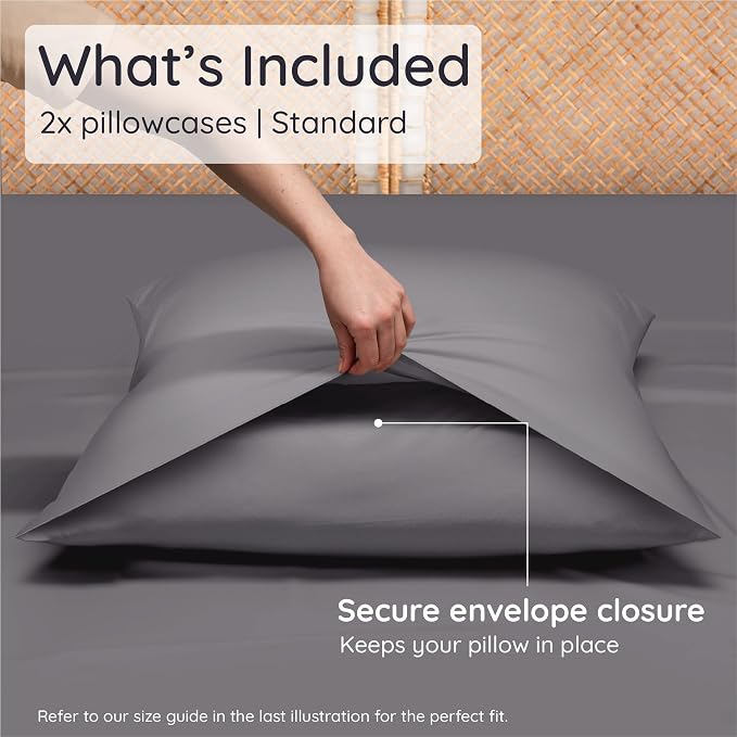 Bambaw 100% Viscose Derived from Bamboo Pillowcases Standard Size – Set of 2 Cooling Pillow Case with Envelope Closure, Breathable & Soft Pillow Cases Standard Size, Anti Acne Pillow Case (Dark Gray)