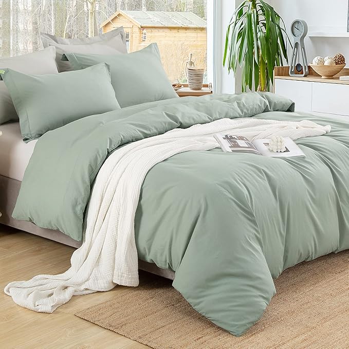 EMME 100% Washed Cotton Duvet Cover Twin Size Sage Green, 2-Piece Soft Comforter Cover Linen Like Bedding Set, No Comforter, 68x90 Inches (Sage Green, Twin)
