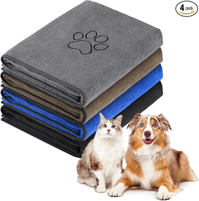 Chumia 4 Pack Dog Towels for Drying Large Microfiber Grooming Tools Absorbent Soft Bath Supplies with Embroidered Paw for Small Medium Pet Products (30 x 50 Inch,Blue,Black,Gray,Brown)