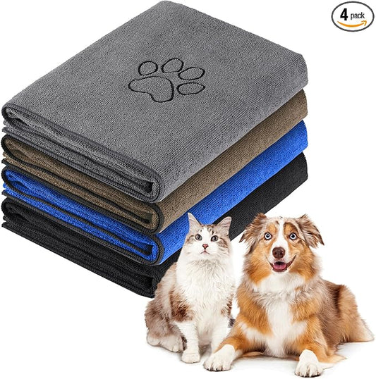 Chumia 4 Pack Dog Towels for Drying Large Microfiber Grooming Tools Absorbent Soft Bath Supplies with Embroidered Paw for Small Medium Pet Products (30 x 50 Inch,Blue,Black,Gray,Brown)