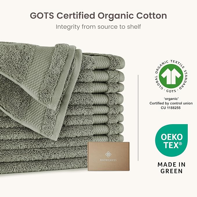 BIOWEAVES 100% Organic Cotton 700 GSM Plush Premium Washcloths 13" x 13" GOTS Certified, Face Towels Perfect for Home & Bathroom - Sage, Pack of 12