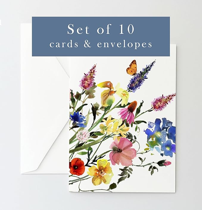 Wildflowers Greeting Cards - Set of 10 All Occasion 5x7 Note Cards with Envelopes. Blank Inside. Watercolor Designs of Wildflower Bouquets