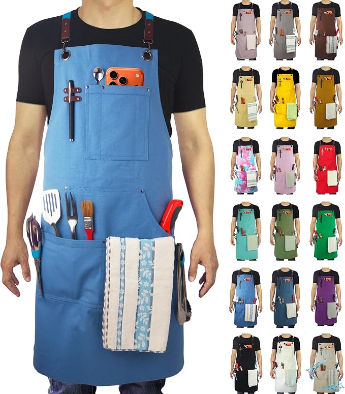 Kitchen Apron, Work Apron, Canvas Apron, SkyBlue | Multiple Pockets, Gardening, Painting, BBQ, Carpenter, Sizes M to XXL