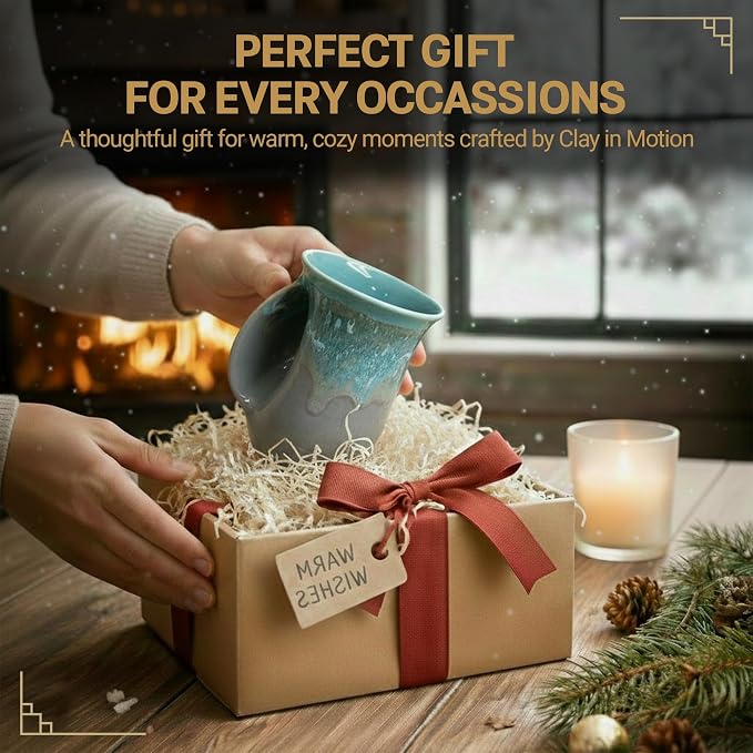 Clay in Motion Hand Warmer Coffee Mug – Handmade Coffee Mug With Comfortable Handle Contoured Pocket Hand Warming Ceramic Coffee Mug – Proudly Made in USA – Left Handed – 14 Oz - Riverstone