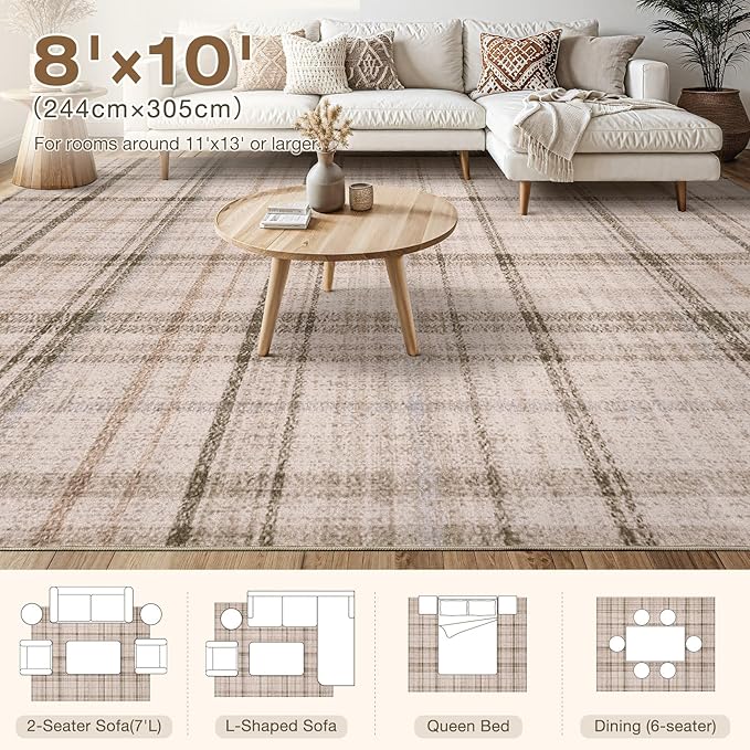 Tortania Area Rug Living Room Rugs - 8x10 Washable Large Soft Neutral Boho Moroccan Bohemian Farmhouse Rug Indoor Floor Carpet for Bedroom Under Dining Table Home Office Decor - Taupe