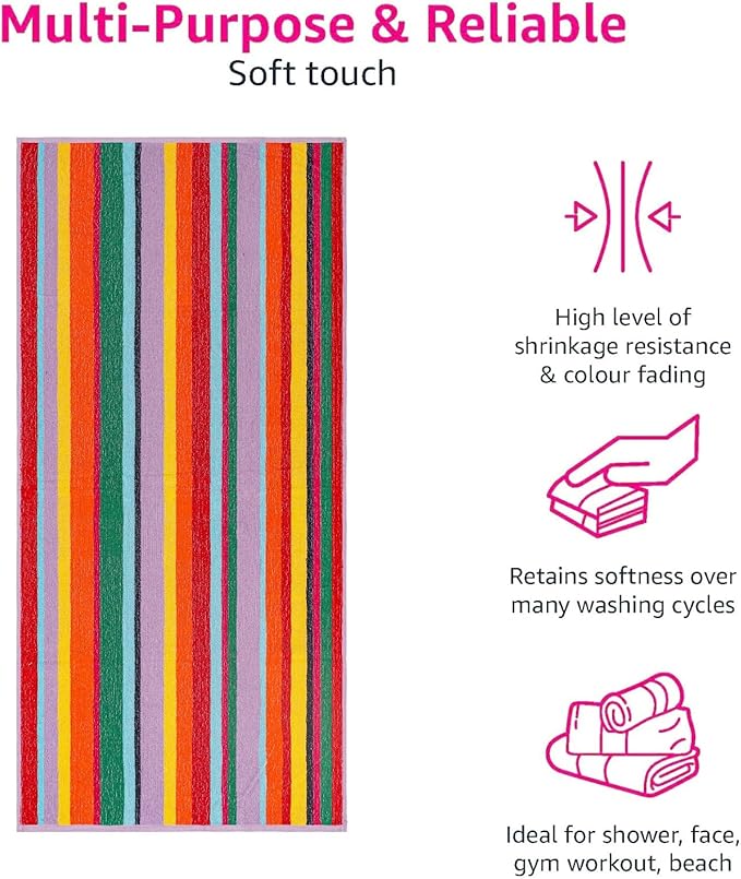 CASA COPENHAGEN Monaco Beach Towels Designed in Denmark Rough and Tough, Quick Dry, for Pool, Bath & Shower 30x60 inches 4 Pieces Cotton Beach Bath Towels Set - Rainbow